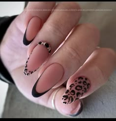 Almond Nails Leopard Print, Leopard Print French Tips Almond, Animal Print Nails Art French, Almond Leapord Nails, Almond Shaped Leopard Nails, Pink Tip Nails, Swarovski Nails, Matte Nails Design, Hippie Nails