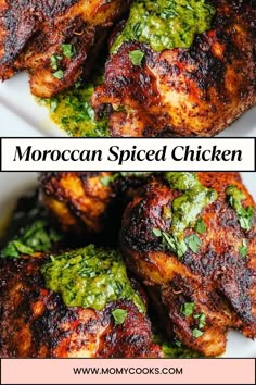 moroccan spiced chicken on a white plate with green garnish and text overlay