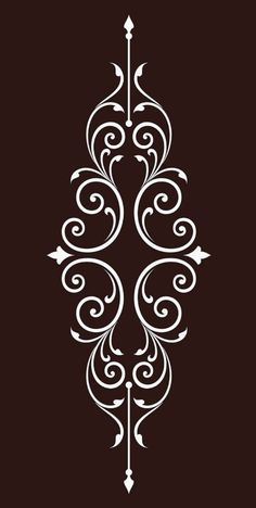 an ornate design on a black background with white swirls and arrows in the center