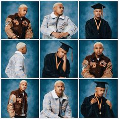 a collage of photos of men in graduation caps and gowns with their hands on their chins