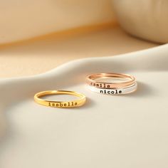 "These stacking name rings are great ways to wear children's names. A great gift for any occasion  ► DAINTY STACKING NAME RING * Character limits: 10 characters. * By default, silver items comes with BLACK engraving and gold-plated item comes with CLEAR engraving * All of our jewelry are handmade from scratch and packaged with care in our workshop ► HOW TO ORDER & ADD PERSONALIZATION - Select your preferred color and size ring from the menu. - Include in the \"Add your personalization\" box the pet's name. Please write them in the exact way (lowercase or uppercase) you want. Ex: LOU or lou or LoU - Add the item to cart and check out. - If you forget leave such note during check out, you can send us a message with your instructions by clicking \"Contact Shop Owner\" button on the shop home Adjustable Custom Name Rings As Gifts, Custom Name Adjustable Rings As Gift, Customizable Stackable Rings As Gift, Customizable Adjustable Ring For Gifts, Customizable Adjustable Stackable Rings As Gift, Adjustable White Rings For Birthday, Adjustable Personalized Midi Rings, Personalized Gold Stackable Rings For Birthday, Customizable Stackable Rings As A Gift