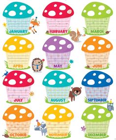 an image of months of the year cupcakes with mushrooms and hedgehogs