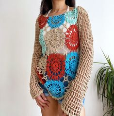 Bohemian Crochet Net BlouseMesh Cotton Hippie TopBoho Long - Etsy Brasil Bohemian Beige Long Sleeve Cover-up, Multicolor Crochet Top For Spring Beach Cover-up, Beachwear Crochet Lace Cover-up For Festivals, Bohemian Long Sleeve Crochet Top For Spring, Beachwear Festival Cover-up With Crochet Lace, Beachwear Cover-up With Crochet Lace For Festival, Crochet Lace Cover-up For Beach Festival, Handmade Bohemian Crochet Long Sleeve Top, Bohemian Crochet Top For Beach Party