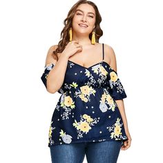 Plus Size Flower Spaghetti Strap Blouse - Blue - 3S73052614 - Women's Clothing, Plus Size Women's Clothing  #PlusSizeWomensClothing #Women's #Clothing # #Plus #Size #Women's #Clothing Spaghetti Strap Blouses, High Low Blouse, Trendy Plus Size Clothing, Plus Size Womens Clothing, Casual Tank Tops, Plus Size Blouses, Casual Blouse, Trendy Plus Size, Blue Blouse