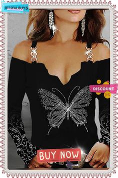 Boat Neck Jersey Butterfly Party T-shirt Concert Top, Black Shirts Women, Butterfly Party, Black Off Shoulder, Black Butterfly, Shoulder Cut, Holiday Weekend, Women Shirts Blouse, Long Sleeve Casual