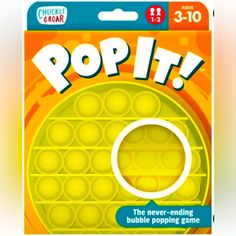 the pop it game is yellow and has an orange circle with white letters on it