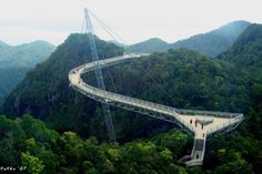 people walking across a suspension bridge in the middle of a mountain range with trees on both sides