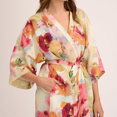 Custom print on linen. Small batch.  The robe kimono is cut for a relaxed fit, ensuring it looks flattering on many body shapes. It features generous kimono proportions and is fastened with a linen sash tie.   Linen is a naturally anti-static fabric that collects less dust and is therefore healthier for you. Linen is a 100% plant-based fabric. Its cultivation and production conserves water, does not pollute, does not leave harmful residues, so it is environmentally friendly. Linen is also natura Multicolor Spring Wedding Kimono, Purple Linen, Linen Kimono, Skin Model, Cute Sleepwear, August Birthstone Jewelry, Floral Robes, July Birthstone Jewelry, Gifts For New Mums