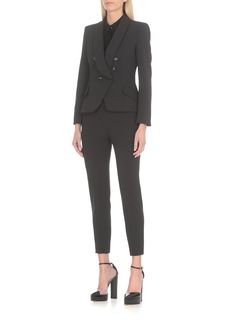 96% Polyester, 4% Elastane Lining:, 100% Polyester Designer Fitted Double Breasted Suit For Work, Fitted Double-breasted Pantsuit, Fitted Double-breasted Pantsuit For Office, Fitted Structured Double-breasted Suits, Tailored Long Sleeve Double-breasted Pantsuit, Fitted Double-breasted Pantsuit With Pockets, Fitted Career Double Breasted Suit, Fitted Double Breasted Suit With Suit Collar For Career, Fitted Double Breasted Suit With Concealed Placket