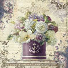 a painting of flowers in a purple hat on top of a shelf with an ornate background