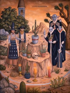 a painting of three people standing in front of a desert scene with cacti