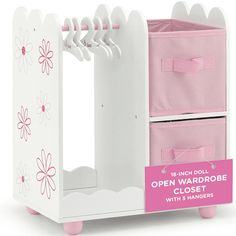 an open wardrobe with 3 hangers and pink flowers on the door for girls to use