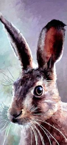 a painting of a brown rabbit with blue eyes and long ears, looking to the side