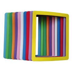 a colorful set of colored plastic sticks in a square box on a white background with room for text