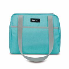 a blue lunch bag with grey straps and the words pakot on it's side