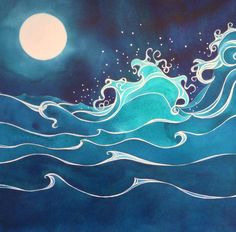 a painting of waves in the ocean at night