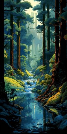 a painting of a stream in the middle of a forest