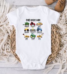 ** Quick Sizing Tip ** Onesies® Bodysuits are printed on Gerber organic. These tend to run small so we recommend sizing up if you are on the fence. Toddler shirts are true to size. 📋 HOW TO ORDER: ✧ Choose Onesies® Bodysuit or shirt size (sizing chart below) and sleeve length ✧ Select design color if applicable ✧ For personalized designs - enter customization in "Add your personalization" field ✧ ADD TO CART ✧ Select from our shipping class options (all items shipped next day!) * * * * * * * * White Short Sleeve Onesie For Baptism, Personalized Fitted Onesie For Baptism, Gerber Organic, Funny Baby Clothes, God Says, New Baby Boys, Baptism Gifts, Diy Shirt, Consumer Products