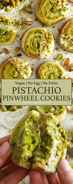 a hand holding up a pistachio pinwheel cookie