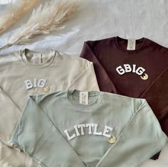 This cute Big Little Sorority Sweatshirts are great for Big Little Reveal / Bid day! They are perfect to give to your big/lil as a gift and match outfits with! <3 - These letters are iron-on patched and is heat pressed, not embroidered. - All our sweatshirts run a Unisex fit. They are naturally oversized, but if you like a more baggy look, we recommend sizing up. - Material is super soft and comfy! ♡ - Please note that crewneck brand used may vary depending on what our supplier has, therefore si Big Little Reveal Shirts, Sorority Big Little Reveal, Big Little Basket, Big Little Sorority, Big Little Shirts, Sorority Sweatshirts, Match Outfits, Bride Sweatshirt, Diy Sweater