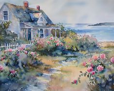 a watercolor painting of a house by the ocean with roses in front of it