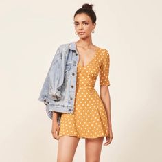 Super Flattering Yellow And White Polka Dot Mini Dress. Worn Once And In Perfect Condition! Yellow Fitted Mini Dress, Yellow Fitted Short Sleeve Dress, Mustard Mini Dress For Spring, Yellow V-neck Mini Dress For Brunch, Yellow Fitted Mini Dress For Day Out, Yellow Fitted V-neck Dress, Fitted Yellow Mini Dress For Day Out, Spring Mustard V-neck Mini Dress, Spring V-neck Mustard Mini Dress