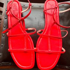 Women J Crew Abbie Sandals Leather T-Strap Sandals In Neon Poppy Sz 9,5 Nwot 0001 Sa2 Casual T-strap Sandals With Single Toe Strap For Party, Casual T-strap Sandals For Party With Single Toe Strap, Chic Red Strap Sandals, Spring T-strap Sandals With Heel Loop, Chic T-strap Slingback Sandals For Spring, Chic Spring T-strap Slingback Sandals, Red T-strap Sandals With Ankle Strap, Summer Evening T-strap Sandals With Ankle Strap, Red Ankle Strap T-strap Sandals