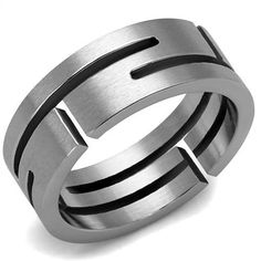 a ring with two black lines on the inside and outside, set in stainless steel