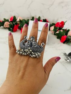 Big Oxidised statement rings |Oxidized Silver Ring | Radha Krishna, Bride n  groom , basuri  Oxidised rings | by NysaaJewelry on Etsy Oxidised Jewellery Rings, Grey Lengha, Oxidised Rings, Classic Silver Jewelry, Trendy Silver Jewelry, Oxidised Silver Jewelry, Oxidized Ring, Oxidized Silver Rings, Celebrity Jewelry