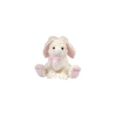 a white stuffed animal with a pink ribbon around its neck and ears, sitting on a white background