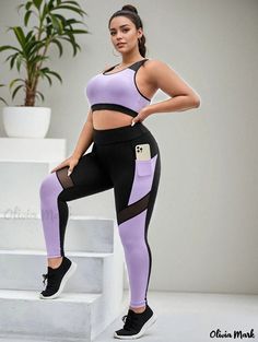 Olivia Mark - Womens Plus Size Sportswear Set - Colorblock Cut Out Racer Back Crop Tank Top & Mesh Yoga Leggings With Phone Pockets - 2 Piece Outfits Set Plus Size Sportswear, Pieces Outfits, Workout Outfits, Mesh Leggings, Fitness Models Female, Crop Tank Top, Outfit Set, Racer Back, Yoga Leggings