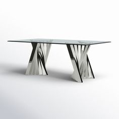 a glass table with black and white lines on it's legs, in front of a white background