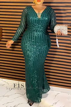 Fisdy - Impresionante Verde Oscuro Patchwork Lentejuelas Cuello en V Vestido Largo Formal para Mujeres de Talla Grande Green Sequin Gown, Champagne Formal Dresses, Sequin Long Dress, Plus Size Evening Gown, Long Dress Plus Size, Green Formal Dresses, Long Dresses Elegant, Black Attire, Sequin Formal Dress