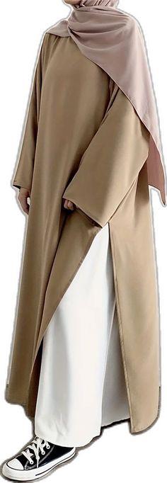 Beige Long Thobe For Eid, Long Sleeve Maxi, Dress Length, Collar Styles, Split, Weaving, Solid Color, Crew Neck, Long Sleeve