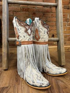 Corral Women's Fringed White Hair-On Hide Cowgirl Boots C4081 | Painted Cowgirl Western Store Vamp Hair, Cute Harness, Cowhide Furniture, Bota Country, Cowgirl Outfit, Corral Boots, Diy Clothes And Shoes, Western Store, Western Hats