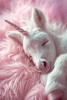 a baby unicorn laying on top of a pink fluffy blanket with its head resting on it's side