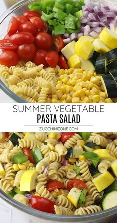 two bowls filled with different types of pasta salads and the words summer vegetable pasta