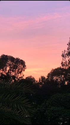 the sky is pink and purple as the sun sets in the distance behind some trees