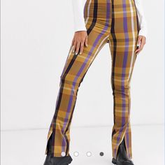 Split-Hem Check Tailored Flared Pants In Mustard Size:. Eu: 38 / Uk: 12 Trendy High Waist Mustard Pants, Trendy Mustard Pants For Fall, Trendy Yellow Workwear Bottoms, Trendy Yellow Bottoms For Work, Trendy Mustard Bottoms For Fall, Yellow Trousers For Fall, High Waist Yellow Pants For Fall, High Waist Yellow Bottoms For Fall, Yellow Stretch Bottoms For Fall