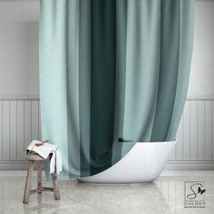 a white bath tub sitting next to a window covered in green curtaining and a stool