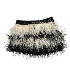 Black And White Feather Mini Skirt. Chic Feathered Skirt For Night Out, Chic Feather Skirt For Night Out, Chic White Skirt With Fringe, Chic Party Mini Skirt With Feather Trim, Spring Mini Skirt With Feather Trim, Summer Mini Skirt With Feathers, Fitted Feather Mini Skirt, Silk Skort, Black Feather Mini Skirt