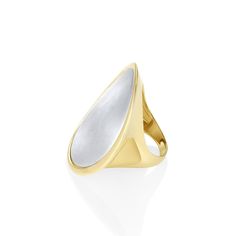 The ultimate cool-girl statement ring, this design is bold and futuristic. This ring embraces a two tone moment with the white gold satin finish shell against the high-shine yellow gold. This ring offers more finger coverage than the Medium Kelly Statement Ring. Elegant White Signet Ring With Polished Finish, Modern Pearl Open Ring With Polished Finish, Modern White Gold Pearl Ring With Polished Finish, Modern White Dome Ring For Anniversary, Modern White Open Signet Ring, Modern White Dome Ring, Modern White Pearl Ring With Polished Finish, Modern Wedding Pearl Ring, Modern White Oval Signet Ring