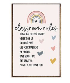 a classroom rules poster with hearts and rainbows on the front, in pink background