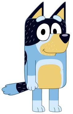 a cartoon dog wearing a blue and black outfit with eyes wide open, standing in front of a white background