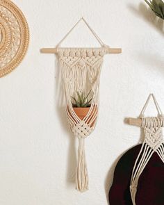 two macrame wall hangings and a plant in a pot on the wall