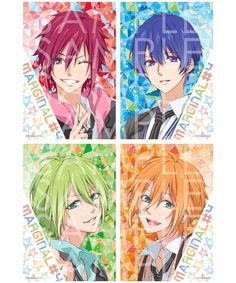 four anime characters with different colored hair and blue, green, red, orange and pink