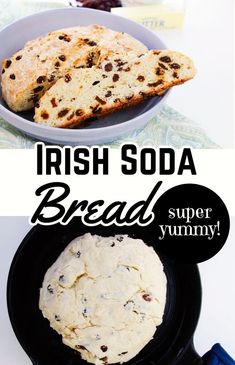 an image of irish soda bread in a bowl and on a plate with chocolate chips