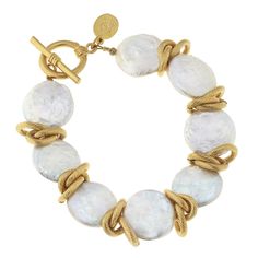 Genuine Freshwater Coin Pearl with Gold Bracelet - Horse Country Trading Company Luxury Oyster Bracelet With Oval Links Jewelry, Luxury Classic Pearl Bracelet With Oyster Clasp, Luxury Timeless Jewelry With Oyster Bracelet, Luxury Statement Pearl Bracelet For Women, Luxury Formal Jewelry With Oyster Bracelet, Luxury Elegant Oyster Bracelet Jewelry, Luxury Statement Pearl Bracelets, Luxury Modernist Jewelry With Oyster Bracelet, Luxury Classic Jewelry With Large Beads