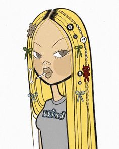 a drawing of a girl with long blonde hair and piercings on her nose, wearing a grey shirt