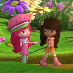 two cartoon characters are walking in the grass and one is holding a pink strawberry on a stick